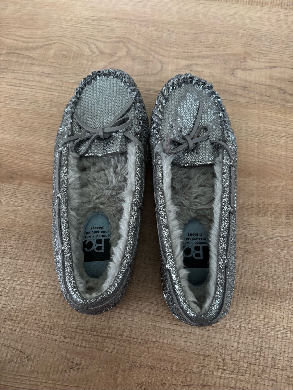 BC Footwear Silver Sequin Faux Fur Moccasin Slippers
